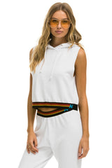 LOGO STRIPE SLEEVELESS CROP PULLOVER HOODIE - WHITE