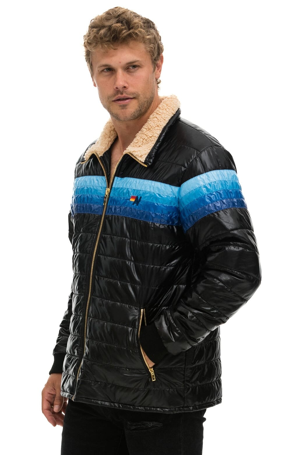 4 STRIPE JACKET -  GLOSSY BLACK // BLUE