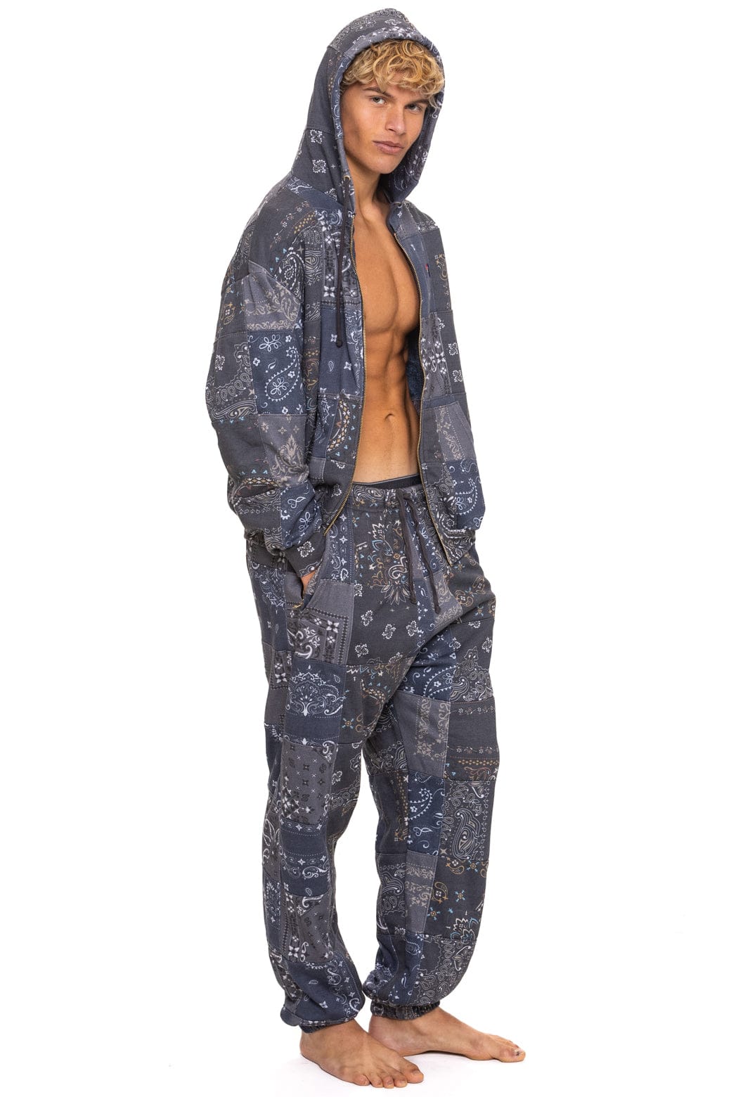 BANDANA QUILTED RELAXED ZIP HOODIE - CHARCOAL