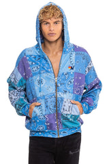 BANDANA QUILTED RELAXED ZIP HOODIE - BLUE
