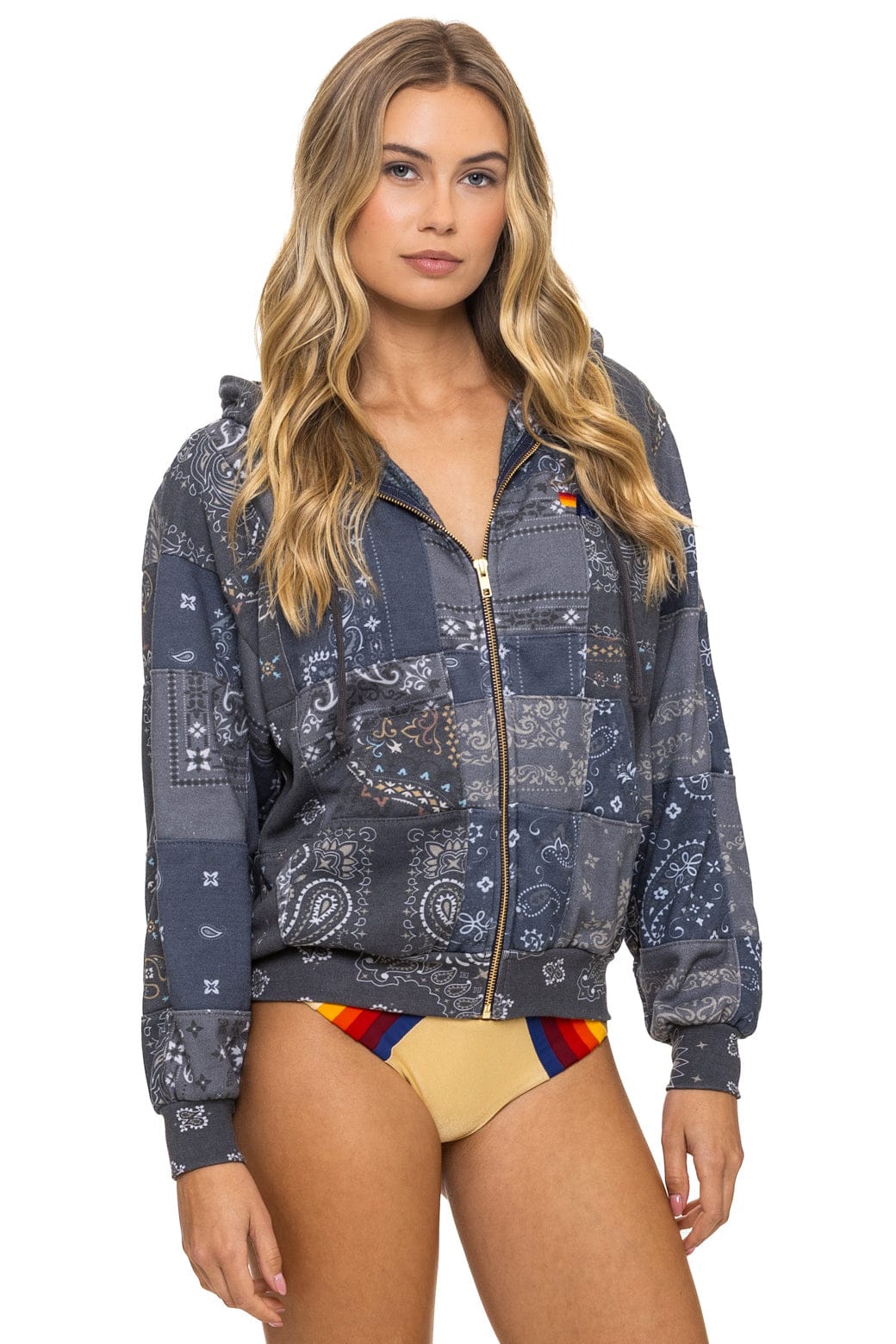 BANDANA QUILTED RELAXED ZIP HOODIE - CHARCOAL