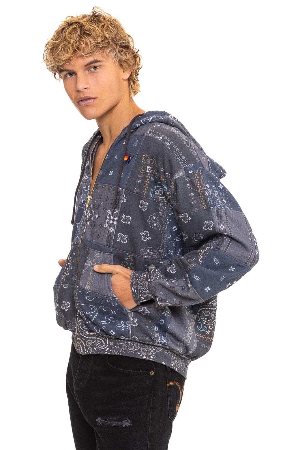BANDANA QUILTED RELAXED ZIP HOODIE - CHARCOAL