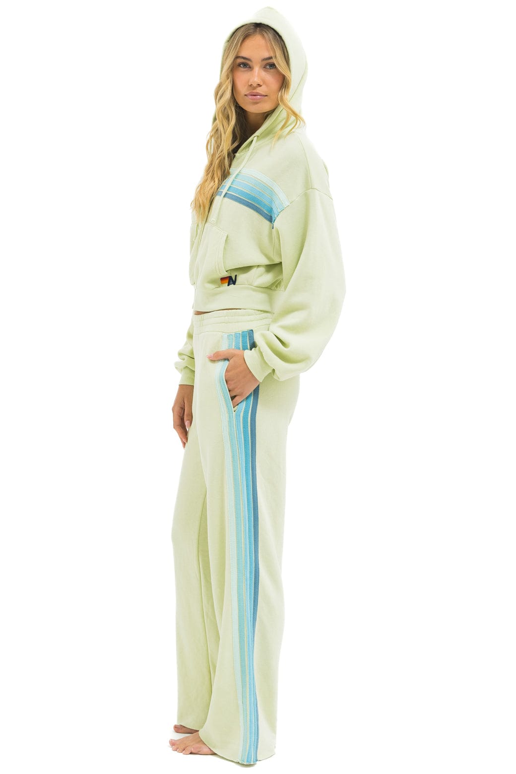 5 STRIPE CROPPED ZIP HOODIE RELAXED - LIME CREAM // SEAFOAM