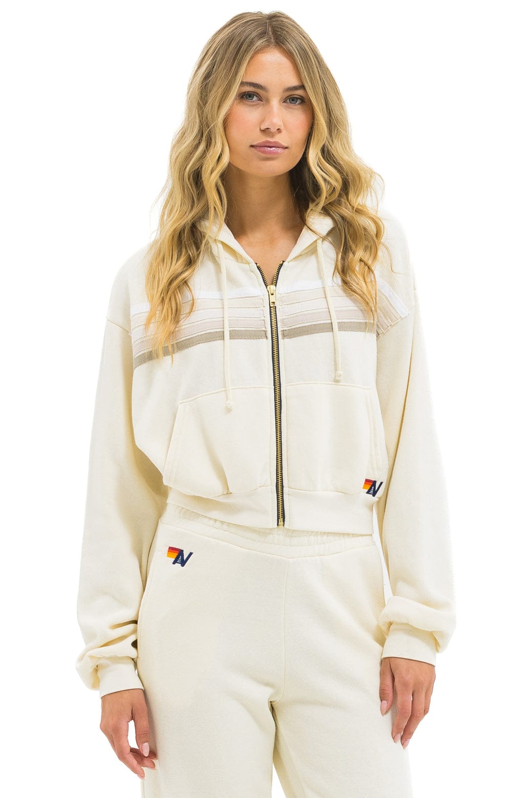 5 STRIPE CROPPED ZIP HOODIE RELAXED - VINTAGE WHITE // WHITE GREY