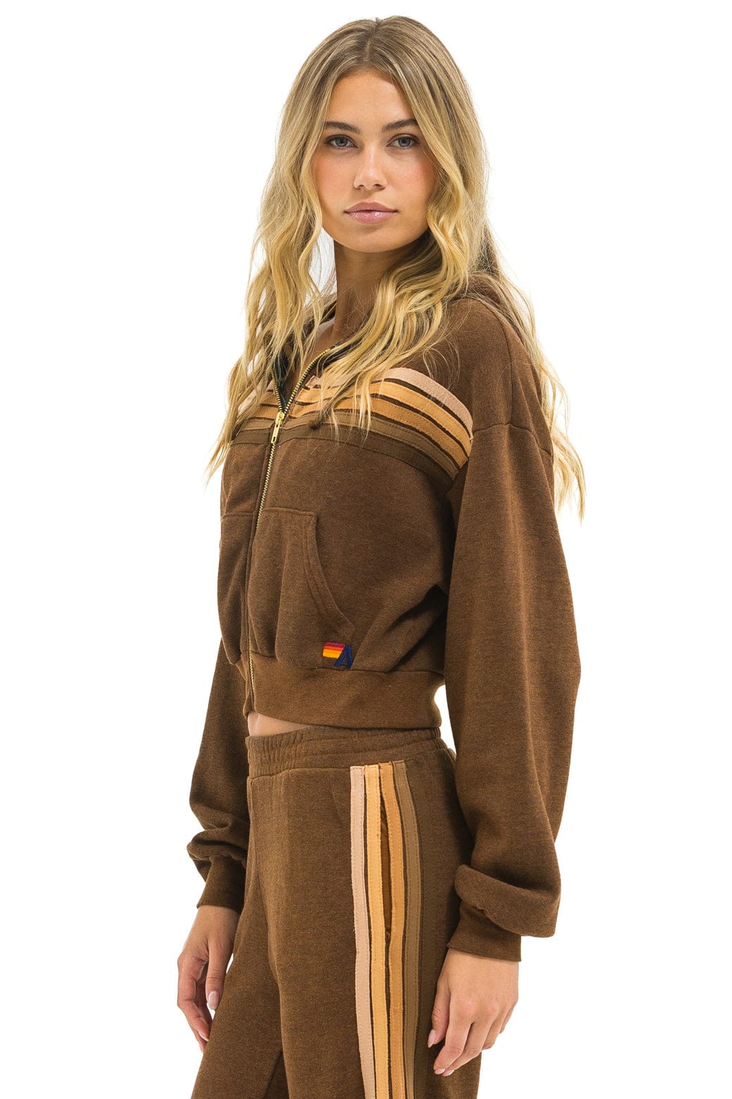 5 STRIPE CROPPED ZIP HOODIE RELAXED - CHOCOLATE // ESPRESSO