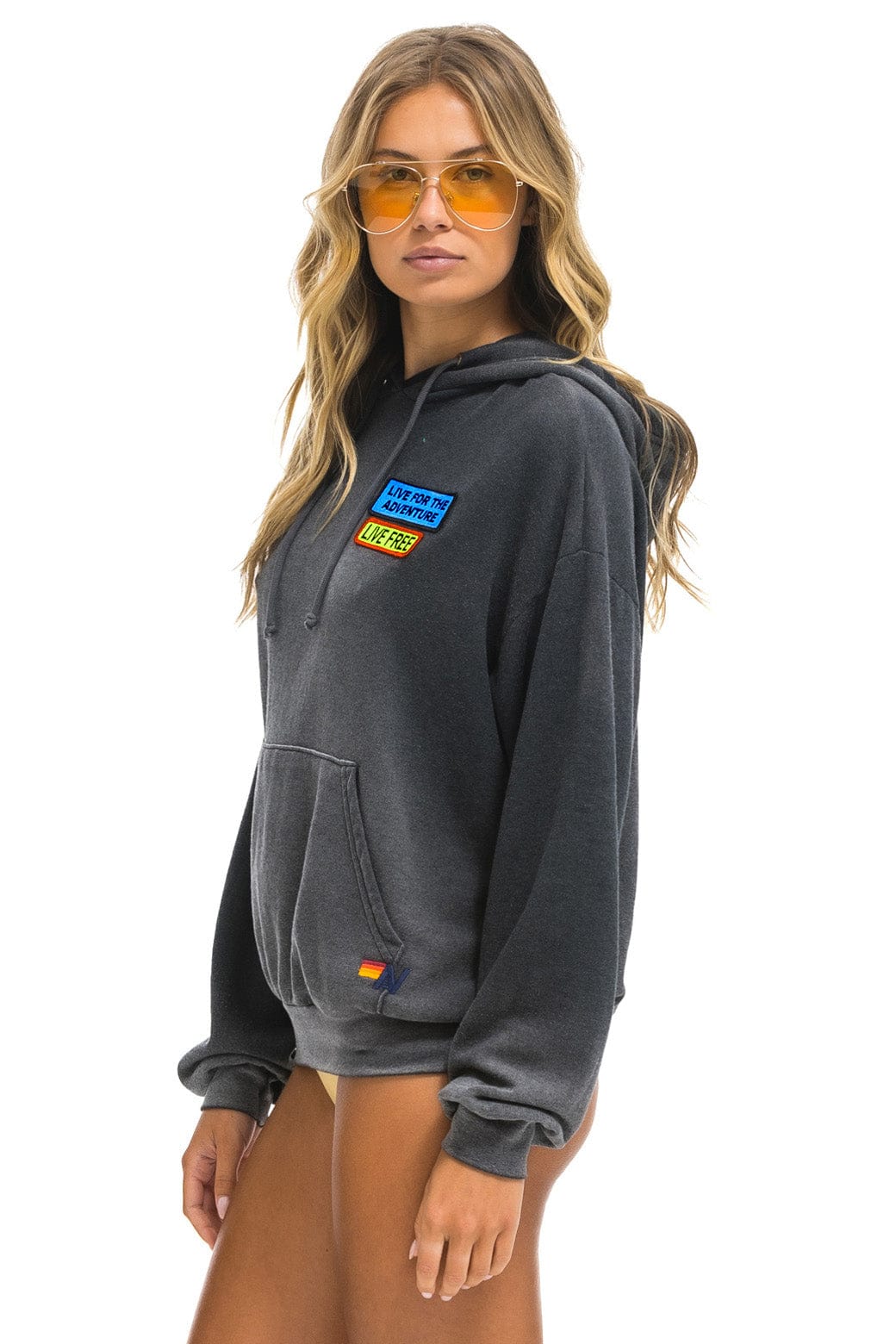 LIVE FREE + ADVENTURE PATCH PULLOVER RELAXED HOODIE - FADED SMOKE