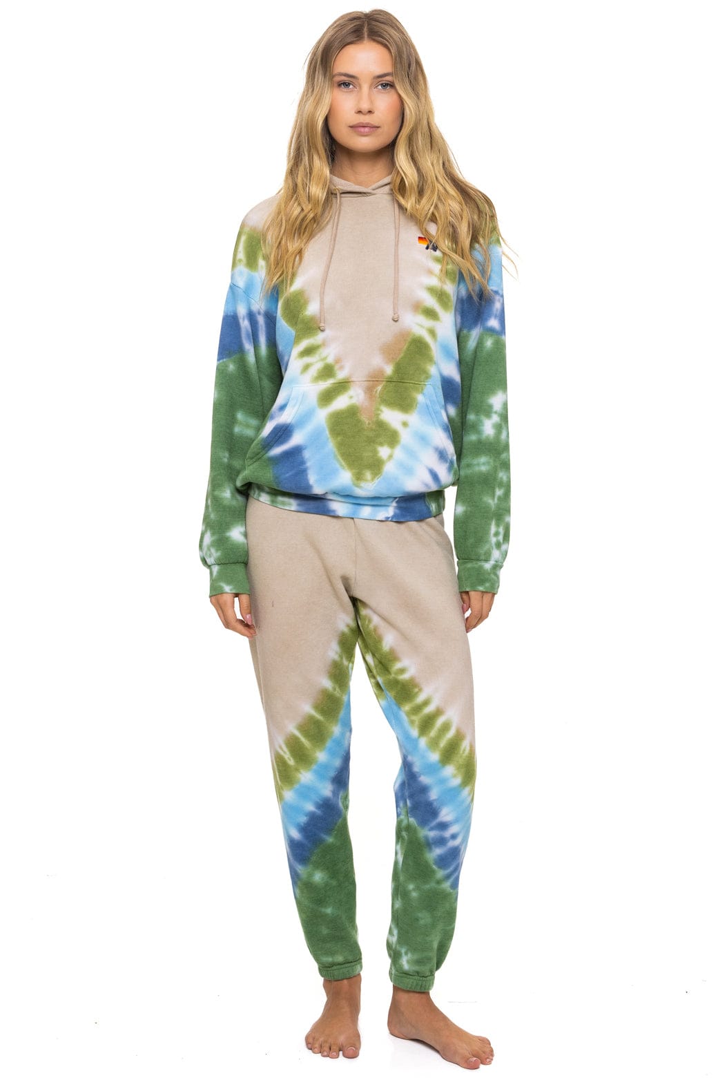 HAND DYED V RELAXED PULLOVER HOODIE - TIE DYE SAND // BLUE GREEN