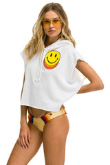 SMILEY SUNSET SLEEVELESS RELAXED CROPPED PULLOVER HOODIE - WHITE