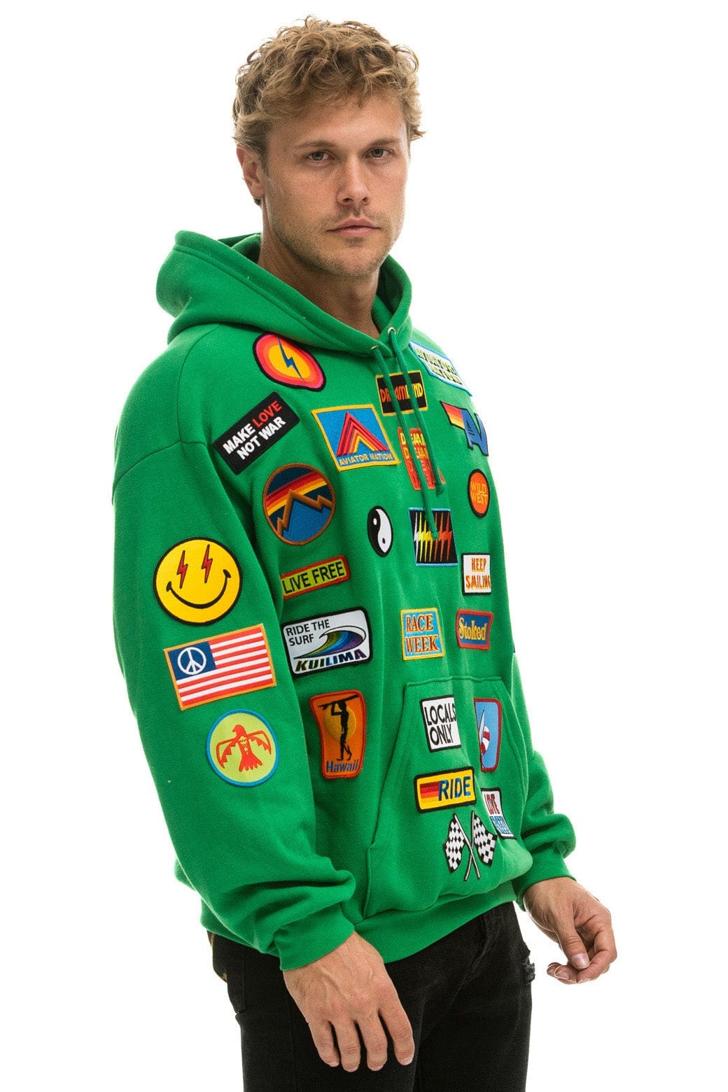 VINTAGE PATCH RELAXED PULLOVER HOODIE- KELLY GREEN