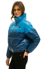COLOR BLOCK HALF AND HALF APRES PUFFER JACKET - OCEAN GLOSSY